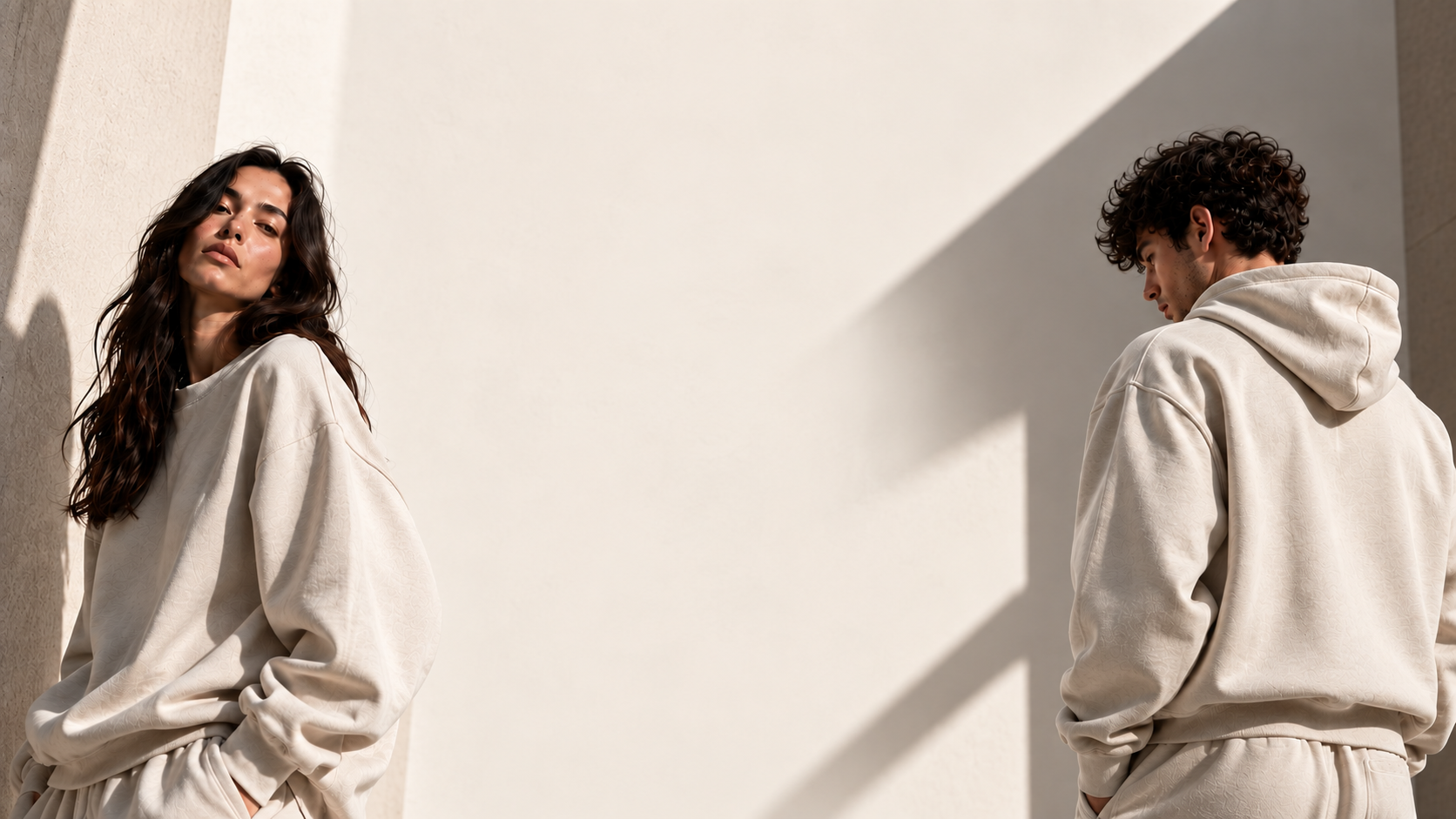 Dois modelos com peças claras, num cenário de moda DIICA com luz natural.